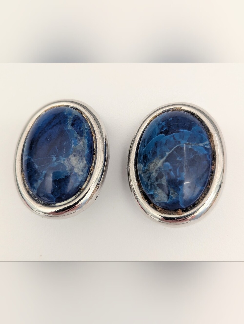 Blue Stone Oval Clip-On Silver-Tone Earrings